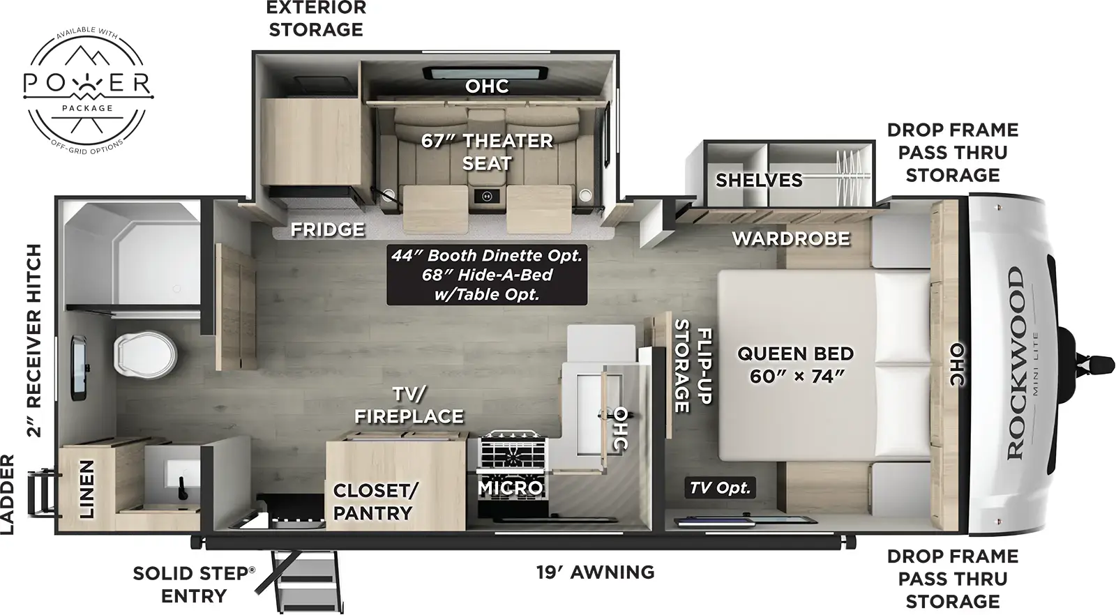 The Rockwood Mini Lite 2511S floorplan has one entry and two slide outs. Exterior features include: fiberglass exterior and 19' awning. Interiors features include: front bedroom and rear bathroom.